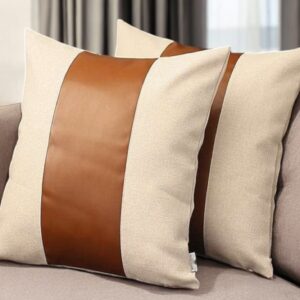 Set of Two 18" Ivory and Brown Color Block Fabric and Faux Leather Throw Pillows