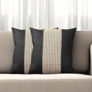 Set of Two 18" Black Brown and White Houndstooth Fabric Throw Pillows