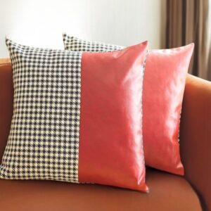 Set of Two 18" Red Black and White Houndstooth Fabric and Faux Leather Throw Pillows