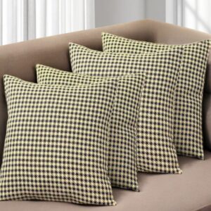 Set of Four 18" Yellow and Black Houndstooth Fabric Throw Pillows