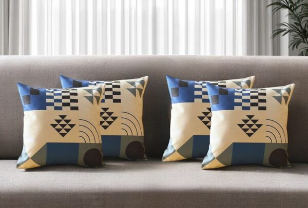 Set of Four 18" Ivory Blue and Black Geometric Fabric Throw Pillows