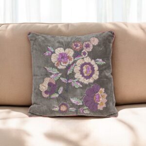 18" Taupe and Purple Cotton Throw Pillow With Embroidery
