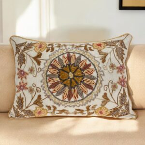 14" X 20" Beige Cotton Throw Pillow With Embroidery