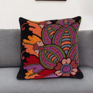 20" Black and Orange Cotton Throw Pillow With Embroidery