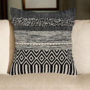 18" Beige and Black Cotton Throw Pillow With Embroidery