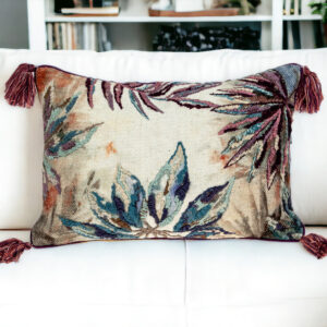 14" X 20" Teal White and Brown Floral Cotton Throw Pillow With Tassels