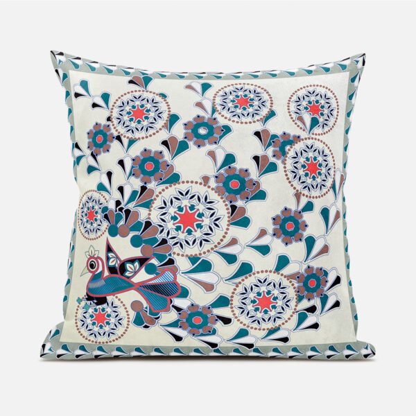 16" X 16" Black and Off White Peacock Broadcloth Floral Zippered Pillow