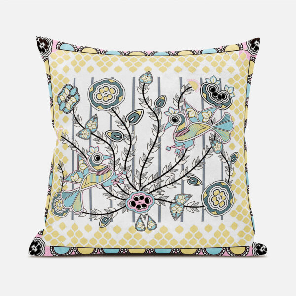 20" X 20" Yellow and White Peacock Broadcloth Floral Zippered Pillow