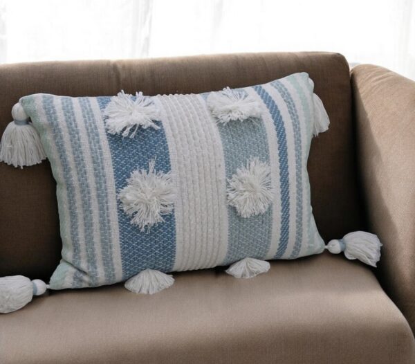 14" X 20" Cream and Blue Striped Cotton Blend Lumbar Throw Pillow With Pom-poms and Tassels
