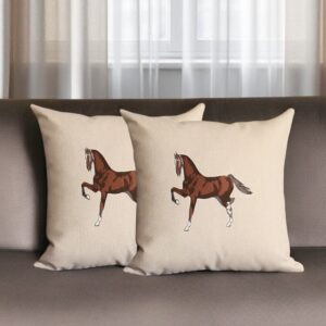 Set of Two 18" Beige and Brown Horse Fabric Throw Pillows with Embroidery