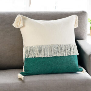20" Emerald And White Cotton Color Block Throw Pillow with Fringe And Tassels