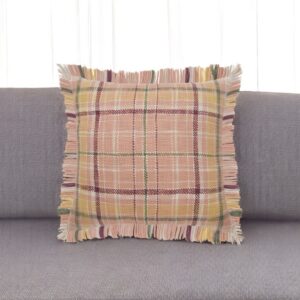 20" Pink And Yellow Cotton Plaid Throw Pillow with Fringe