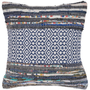 18" X 18" Blue White Red And Yellow 100% Cotton Striped Zippered Pillow