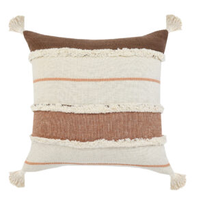 20" X 20" Brown Peach Tan And White 100% Cotton Striped Zippered Pillow