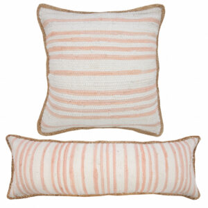 20" X 20" Coral Pink White And Tan 100% Cotton Striped Zippered Pillow