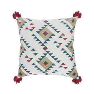 20" X 20" White Burgundy Tan And Teal 100% Cotton Geometric Zippered Pillow