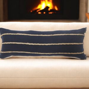 14" X 36" Navy Blue And Tan Cotton Striped Throw Pillow with Fringe