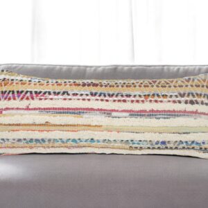 14" X 36" Off White Red And Blue Cotton Striped Throw Pillow
