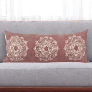 14" X 36" Dusty Rose And White Cotton Medallion Throw Pillow