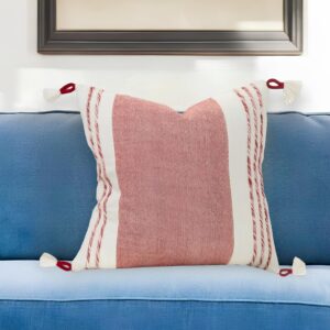 20" Red and White Color Block Cotton Throw Pillow With Tassels