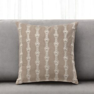 20" Taupe and White Cotton Throw Pillow With Embroidery