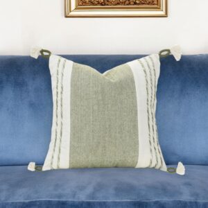 20" Green and White Color Block Cotton Throw Pillow With Tassels