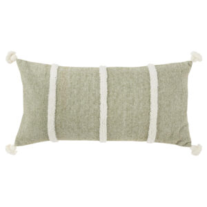 14" X 14" Green and White Cotton Pillow With Tassels Edges