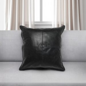 22" Black Leather Feather Throw Pillow
