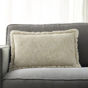 14" X 24" Taupe Cotton Lumbar Throw Pillow with Fringe