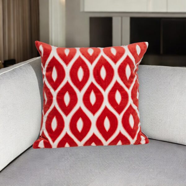 22" Beige and Red Ogee Cotton Throw Pillow With Embroidery, Applique