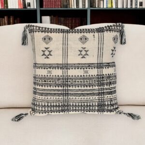 18" Beige and Black Southwestern Cotton Throw Pillow With Tassels