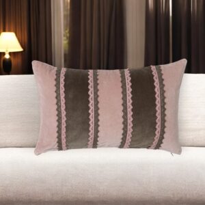 12" X 20" Pink and Brown Striped Cotton Throw Pillow Cover With Lace