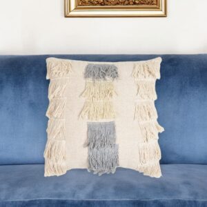 18" Beige and Gray Striped Cotton Throw Pillow Cover With Fringe