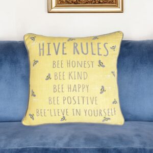 17" Gray and Yellow Bee Text Cotton Throw Pillow Cover With Embroidery