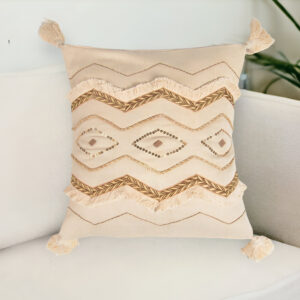 16" Beige and Gold Geometric Cotton Throw Pillow Cover With Sequins, Tassels