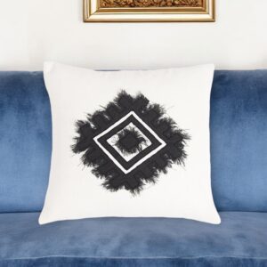 16" Black and White Geometric Cotton Throw Pillow Cover With Embroidery, Fringe