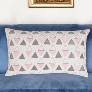 12" X 20" Pink and White Geometric Cotton Throw Pillow Cover With Embroidery