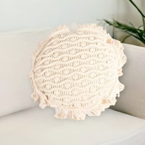 15" X 15" Beige Round Wavy Stripe Cotton Throw Pillow Cover With Fringe