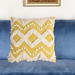 18" Yellow and White Zigzag Cotton Throw Pillow Cover With Embroidery and Fringe