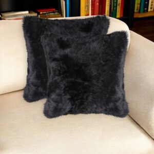 Set of Two 18" Black Sheepskin Throw Pillows