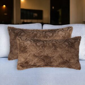 Set of Two 12" X 20" Brown Faux Fur Lumbar Throw Pillows