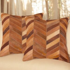 Set of Two 18" Tan Chevron Cowhide Throw Pillows