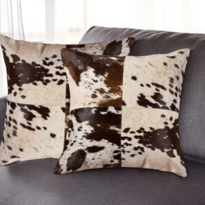 Set of Two 18" Chocolate and White Cowhide Cowhide Throw Pillows