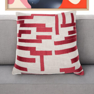 20" Red and Ivory Geometric Cotton Blend Throw Pillow With Embroidery