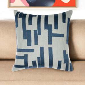 24" Blue and Ivory Geometric Cotton Blend Throw Pillow With Embroidery