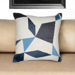20" Ivory and Blue Geometric Cotton Blend Throw Pillow With Embroidery