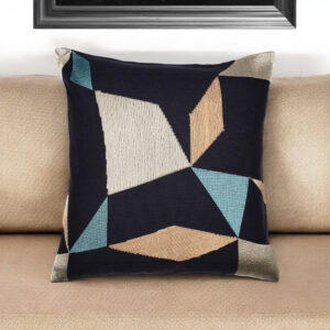 20" Blue and Beige Geometric Cotton Blend Throw Pillow With Embroidery