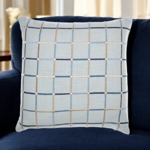 24" Light Blue Check Cotton Blend Throw Pillow  With Embroidery