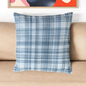 24" Blue Check Cotton Blend Throw Pillow With Embroidery