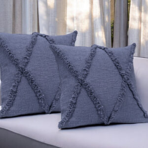 Set of Two Blue Diamond Cotton Throw Pillow With Fringe